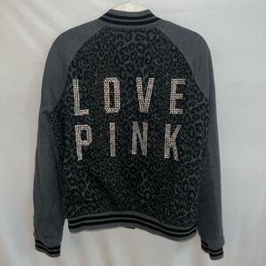 GRAY/BLACK RHINESTONE VICTORIA’S SECRET/PINK VARSITY BUTTON UP JACKET
